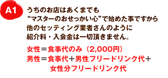 A1
うちのお店はあくまでも“大将のおせっかい心”で始めた事ですから
他のセッティング業者さんのように紹介料・入会金は一切頂きません。
女性＝食事代のみ（2,000円）
男性＝食事代＋男性フリードリンク＋女性フリードリンク代